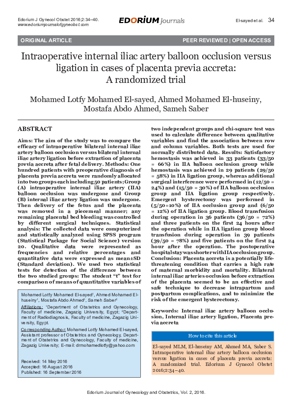 (PDF) Intraoperative internal iliac artery balloon occlusion versus