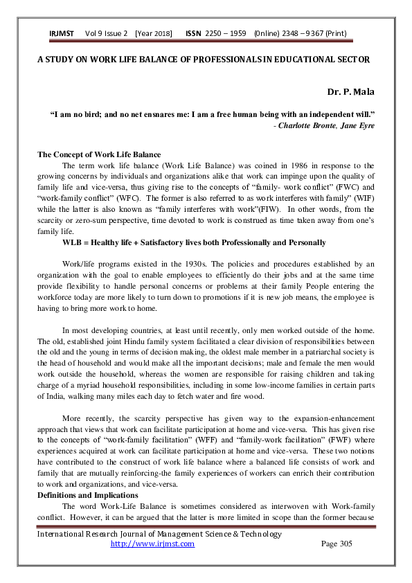 (PDF) A STUDY ON WORK LIFE BALANCE OF PROFESSIONALS IN EDUCATIONAL SECTOR