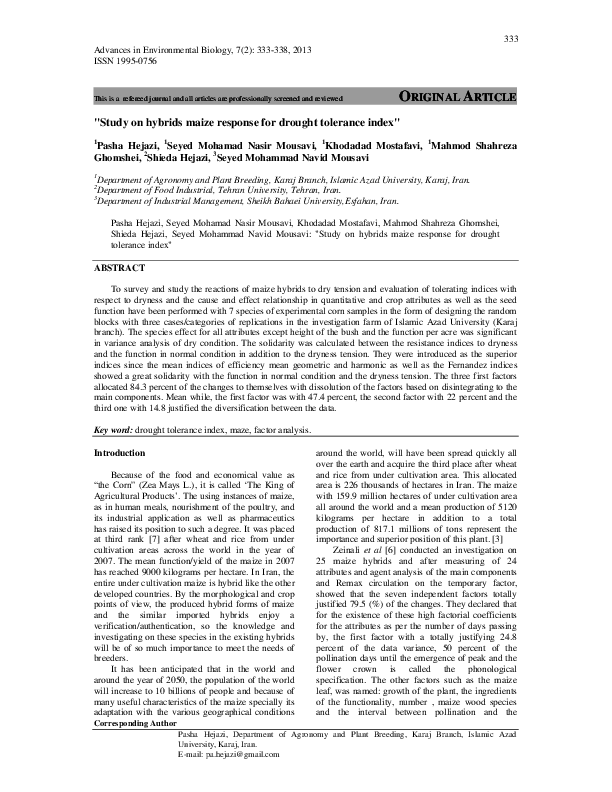 (PDF) Study on hybrids maize response for drought tolerance index