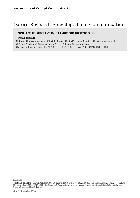 First page of “Post-truth and Critical Communication Studies”