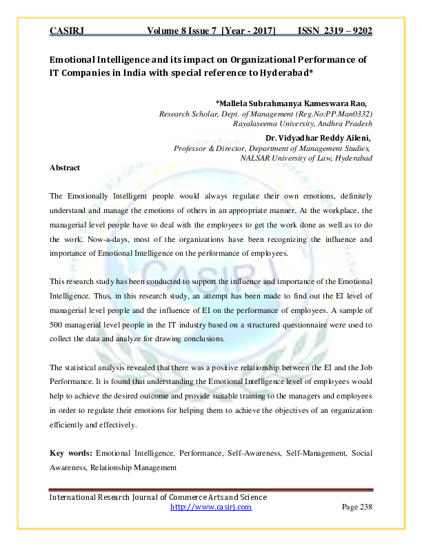 Pdf Emotional Intelligence And Its Impact On Organizational Performance Of It Companies In India With Special Reference To Hyderabad International Research Journal Commerce Arts Science Academia Edu
