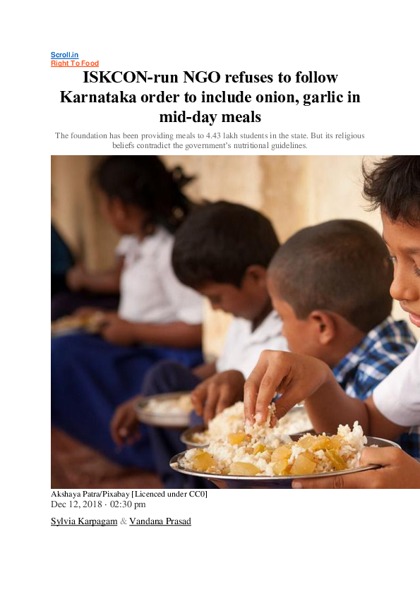 (PDF) ISKCONrun NGO refuses to follow Karnataka order to include onion, garlic in midday meals