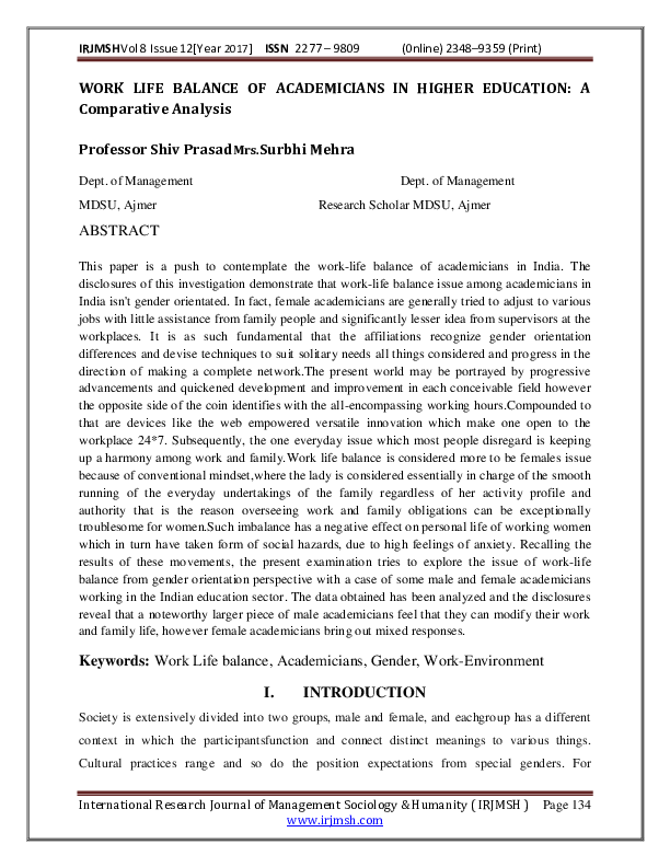 (PDF) WORK LIFE BALANCE OF ACADEMICIANS IN HIGHER EDUCATION: A ...