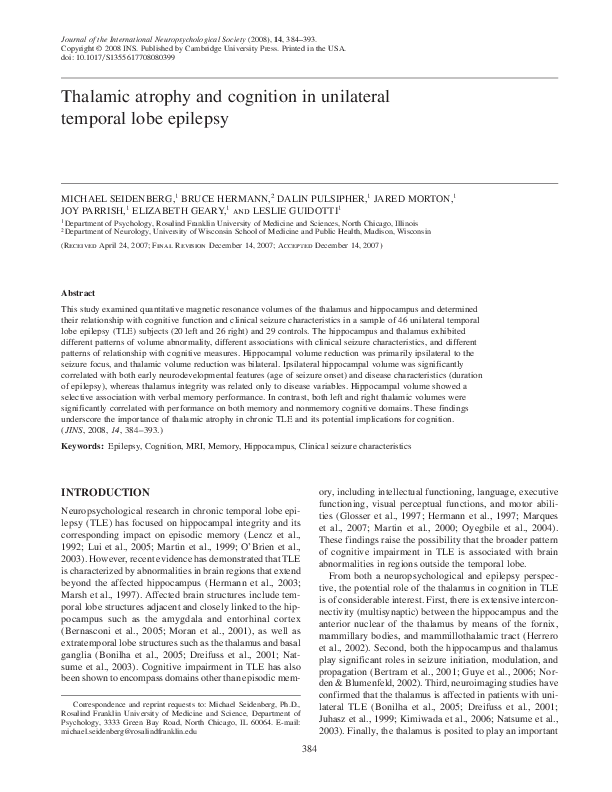 (PDF) Thalamic atrophy and cognition in unilateral temporal lobe epilepsy