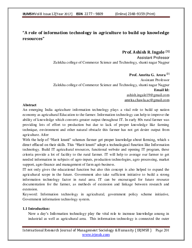 (PDF) "A role of information technology in agriculture to build up ...