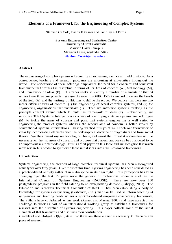 (PDF) Elements of a Framework for the Engineering of Complex Systems