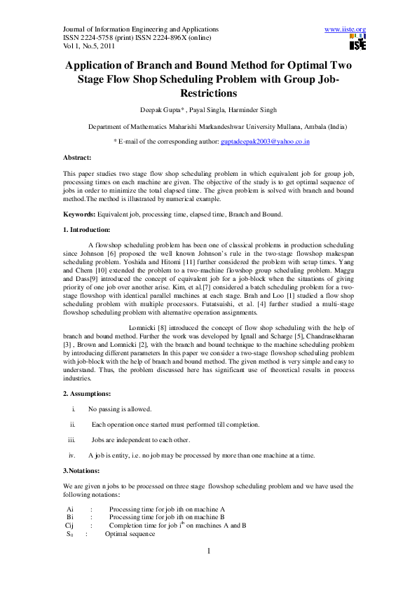 (PDF) Application of Branch and Bound Method for Optimal Two Stage Flow ...