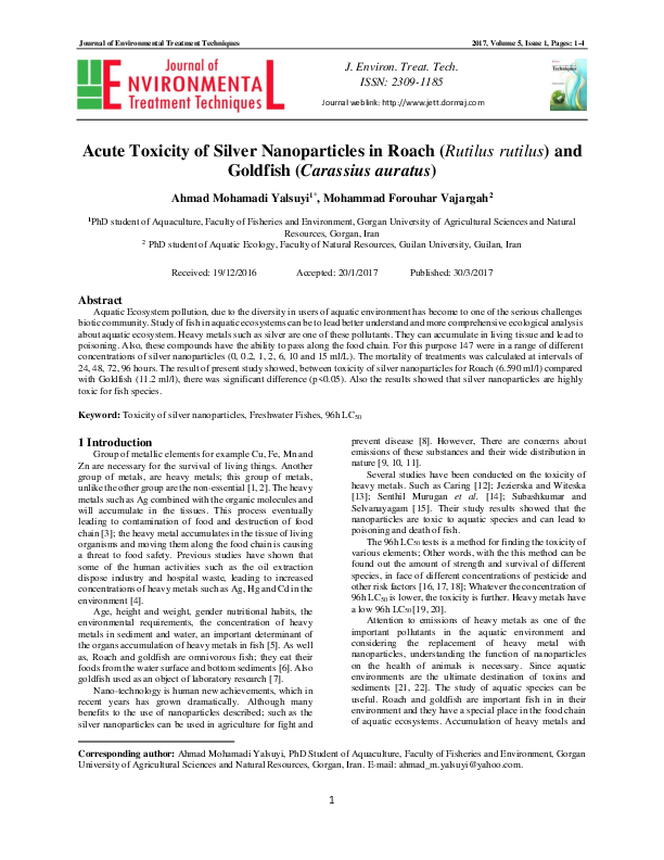 (PDF) Acute toxicity of Silver nanoparticles in Roach (Rutilus rutilus ...