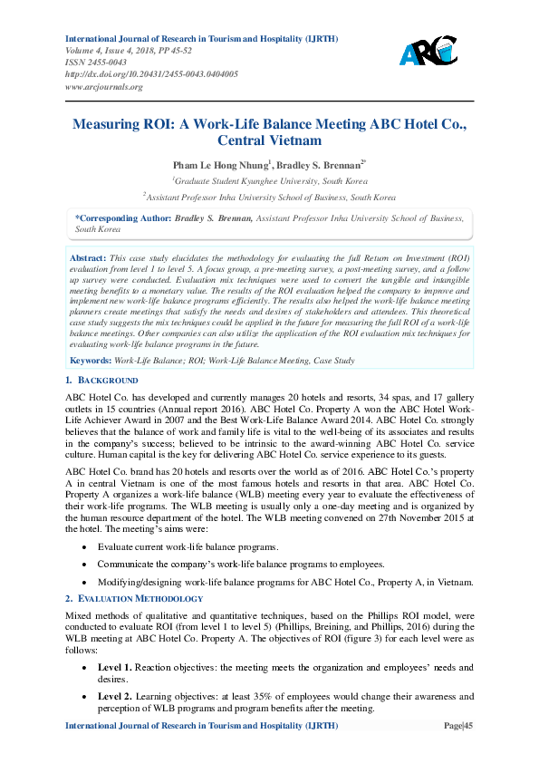 Measuring ROI: A Work-Life Balance Meeting ABC Hotel Co., Central Vietnam