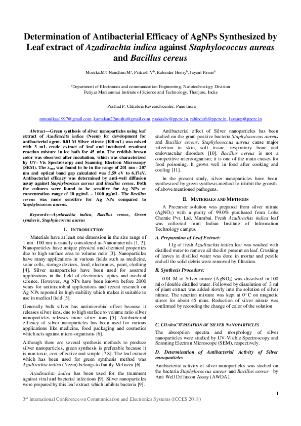 (PDF) Determination of Antibacterial Efficacy of AgNPs Synthesized by ...