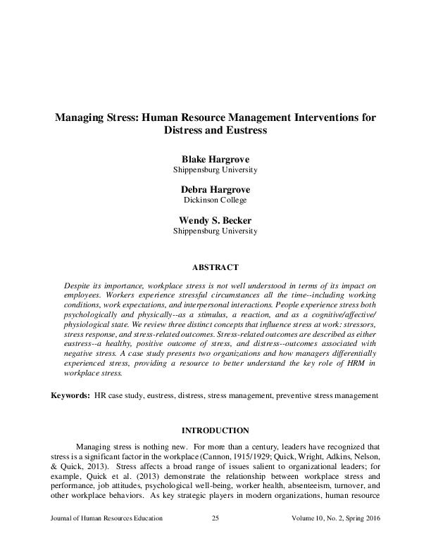 (PDF) Managing Stress Human Resource Management Interventions for Distress and Eustress Wendy