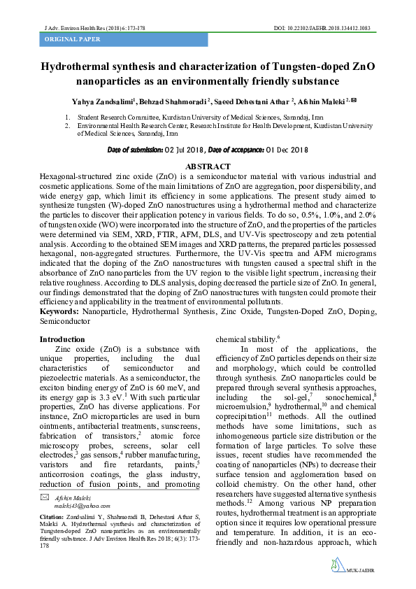 (PDF) Hydrothermal synthesis and characterization of Tungsten-doped ZnO ...