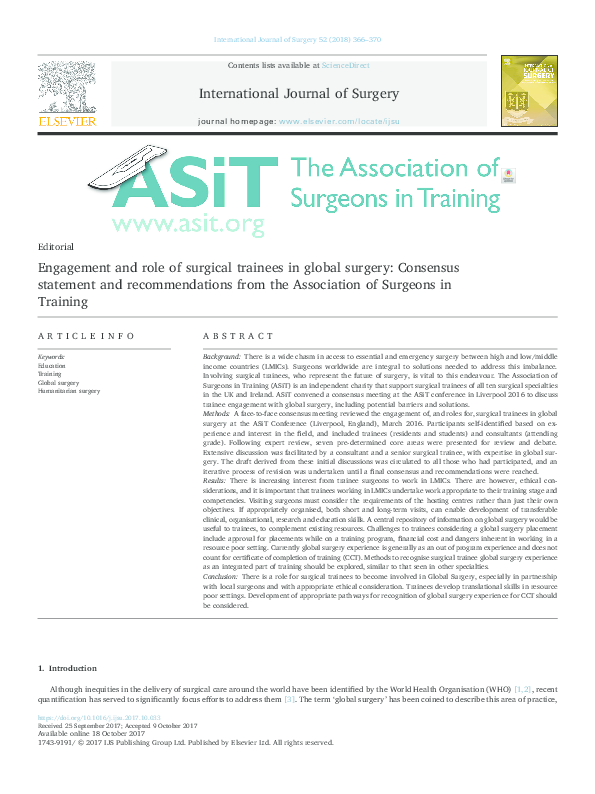(PDF) Engagement and role of surgical trainees in global surgery