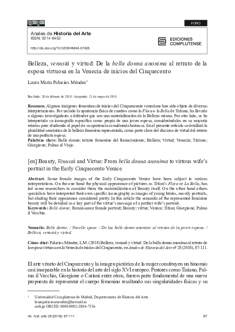 "Belleza, venustà y virtud: De la bella donna anonima al retrato de la esposa virtuosa en la Venecia de inicios del Cinquecento", Anales de Historia del Arte, Ediciones Complutense, 28 (2018), pp. 87-111.