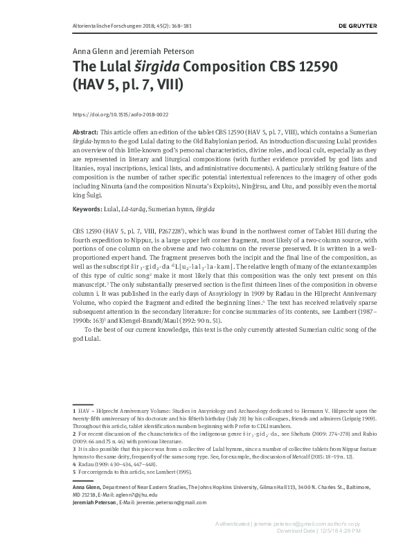 (PDF) The Lulal širgida Composition CBS 12590 (HAV 5, pl. 7, VIII) (AoF ...