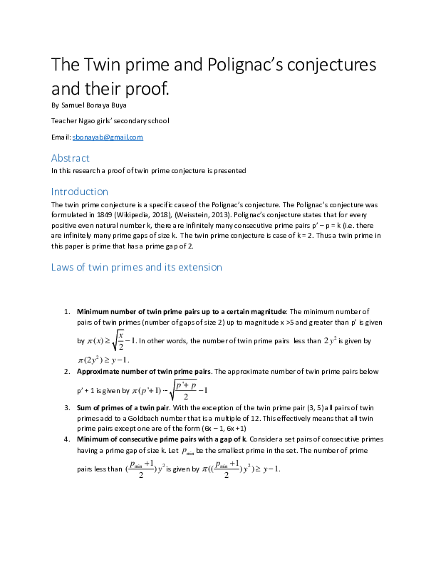 (PDF) The Twin prime and Polignac's conjectures and their proof