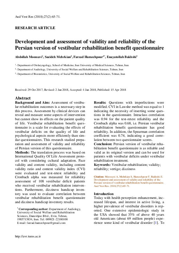 (PDF) Development and assessment of validity and reliability of the ...