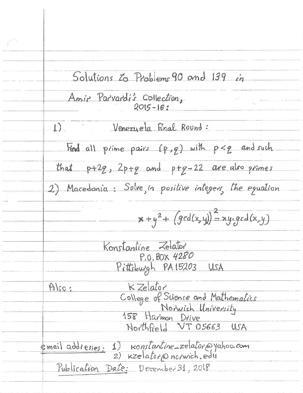 Pdf Solutions To Problems 90 And 139 In Amir Parvardi S Collection 15 16 1 Venezuela Final Round Find All Prime Pairs P Q With P Q And Such That P 2q 2p Q And P Q