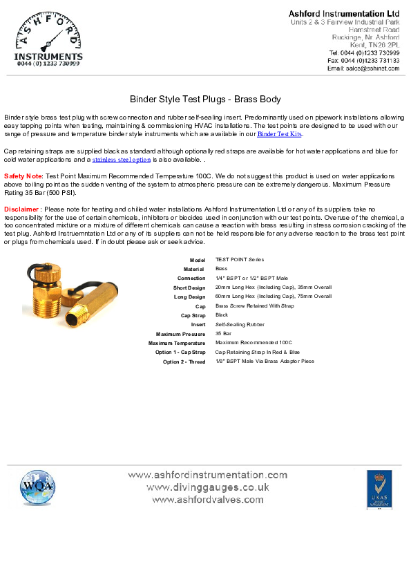 (PDF) Binder Style Test Plugs ­ Brass Body منوعات يمنيه منوعات يمنيه