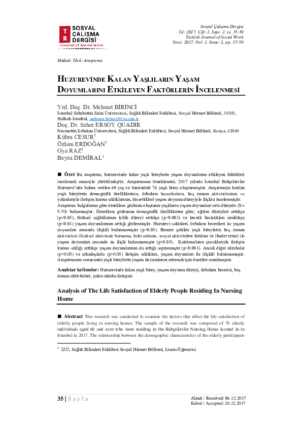 (PDF) Analysis of The Life Satisfaction of Elderly People Residing In ...