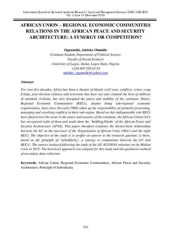 (PDF) African Union - Regional Economic Communities Relations in the ...