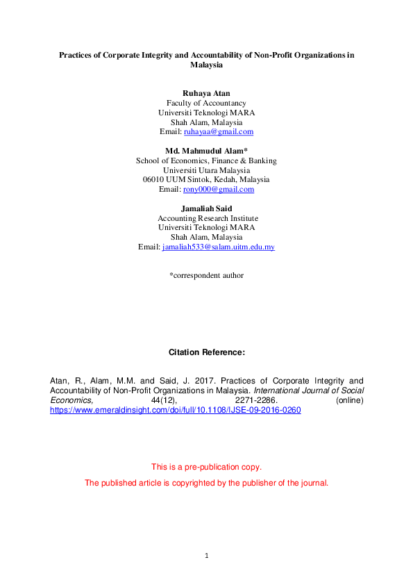  PDF Practices Of Corporate Integrity And Accountability Of Non Profit Organizations In 