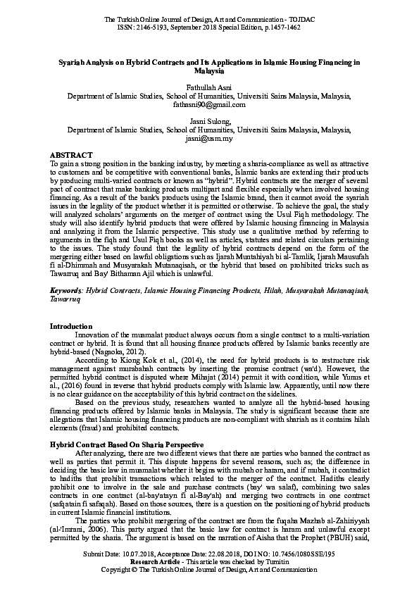 Pdf Syariah Analysis On Hybrid Contracts And Its Applications In Islamic Housing Financing In Malaysia Dr Fathullah Asni Academia Edu