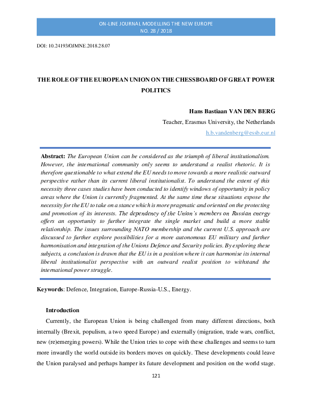 (PDF) THE ROLE OF THE EUROPEAN UNION ON THE CHESSBOARD OF GREAT POWER ...