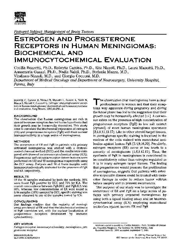 Estrogen and progesterone receptors in human meningiomas: Biochemical and immunocytochemical evaluation