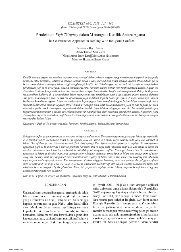 Pdf Pendekatan Fiqh Ta Ayusy Dalam Menangani Konflik Antara Agama The Co Existence Approach In Dealing With Religious Conflict Aemz Mat Zain Academia Edu