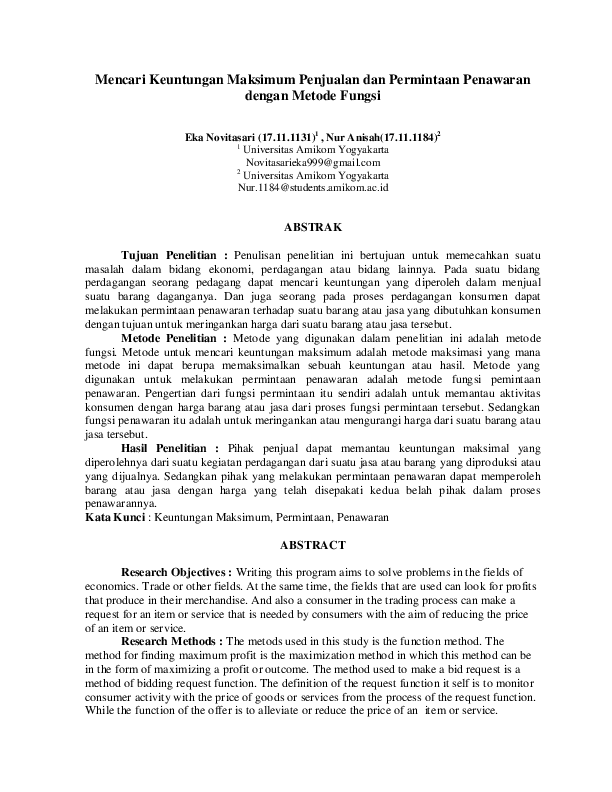 Pdf Mencari Keuntungan Maksimum Penjualan Dan Permintaan Penawaran Dengan Metode Fungsi Nur Anisah Academia Edu