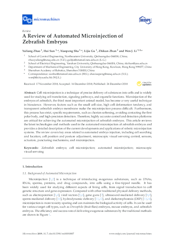 (PDF) micromachines A Review of Automated Microinjection of Zebrafish ...