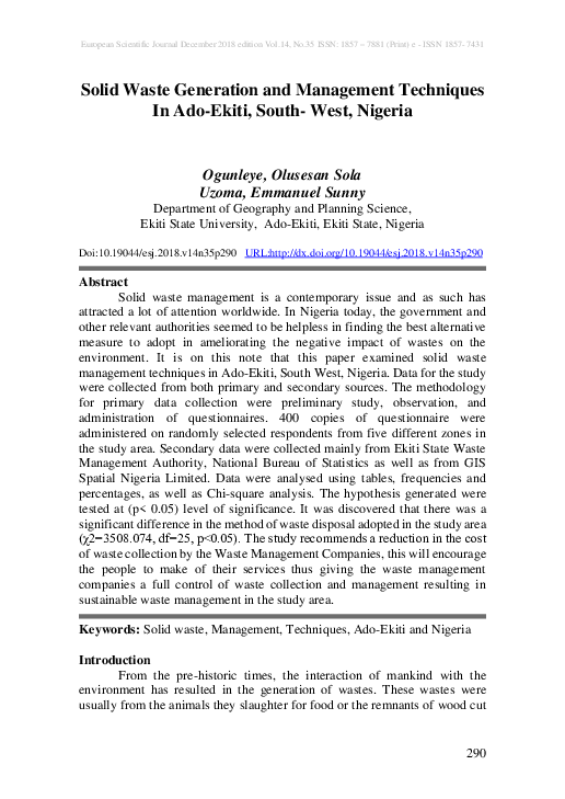 (PDF) Solid Waste Generation and Management Techniques In Ado-Ekiti ...
