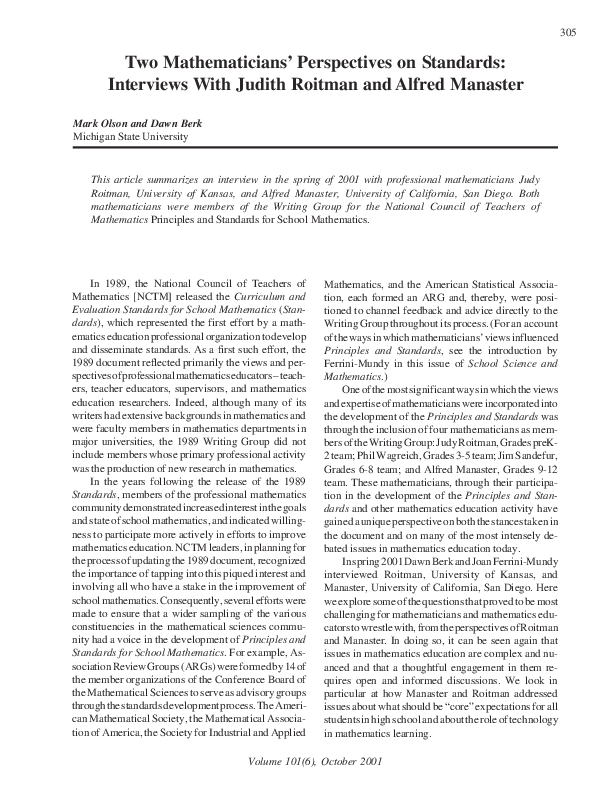 (PDF) Two Mathematicians' Perspectives on Standards: Interviews With ...