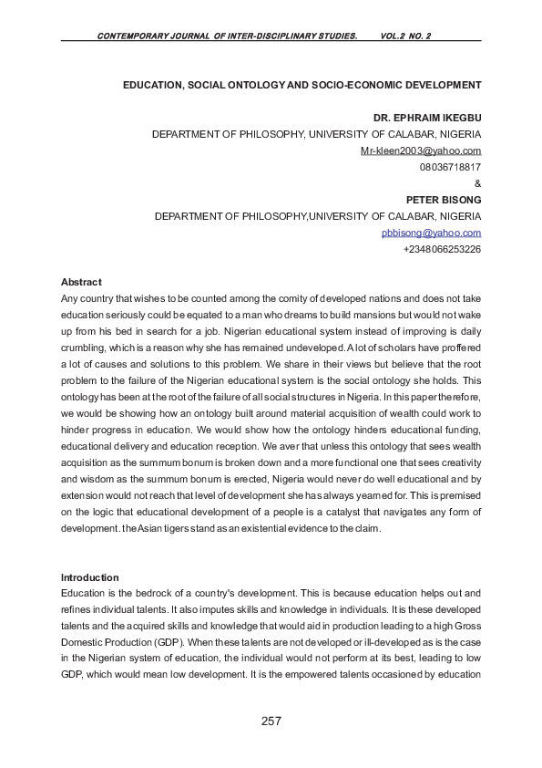 (PDF) EDUCATION, SOCIAL ONTOLOGY AND SOCIO-ECONOMIC DEVELOPMENT