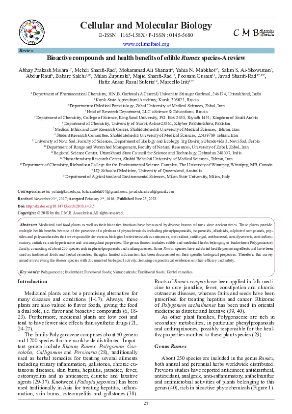 (PDF) Bioactive compounds and health benefits of edible Rumex species-A ...