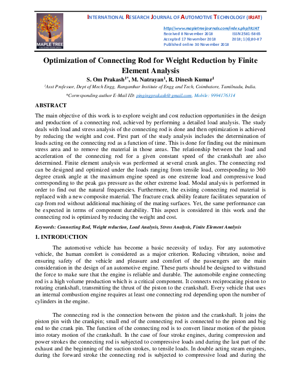 (PDF) Optimization of Connecting Rod for Weight Reduction by Finite