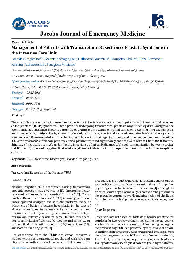 Pdf Management Of Patients With Transurethral Resection Of