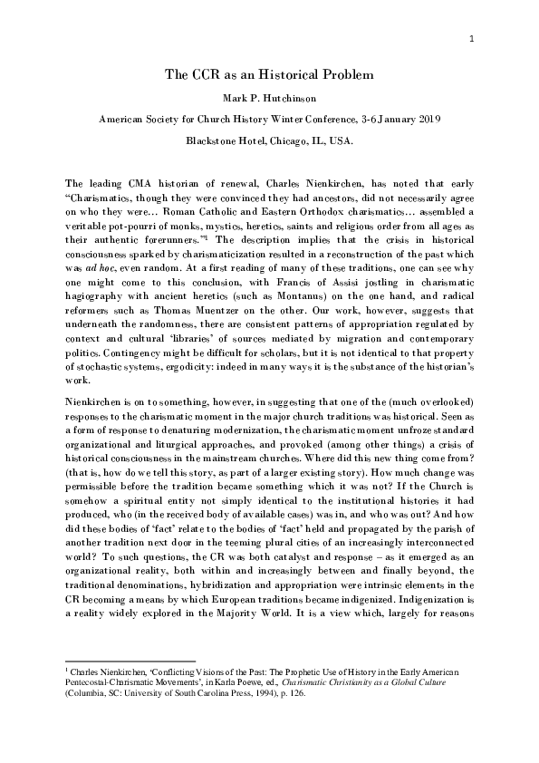 The Catholic Charismatic Movement as an Historical Problem