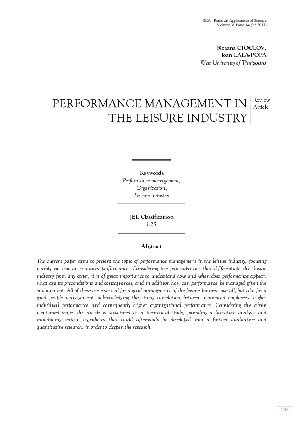 (PDF) PERFORMANCE MANAGEMENT IN THE LEISURE INDUSTRY Roxana Cioclov