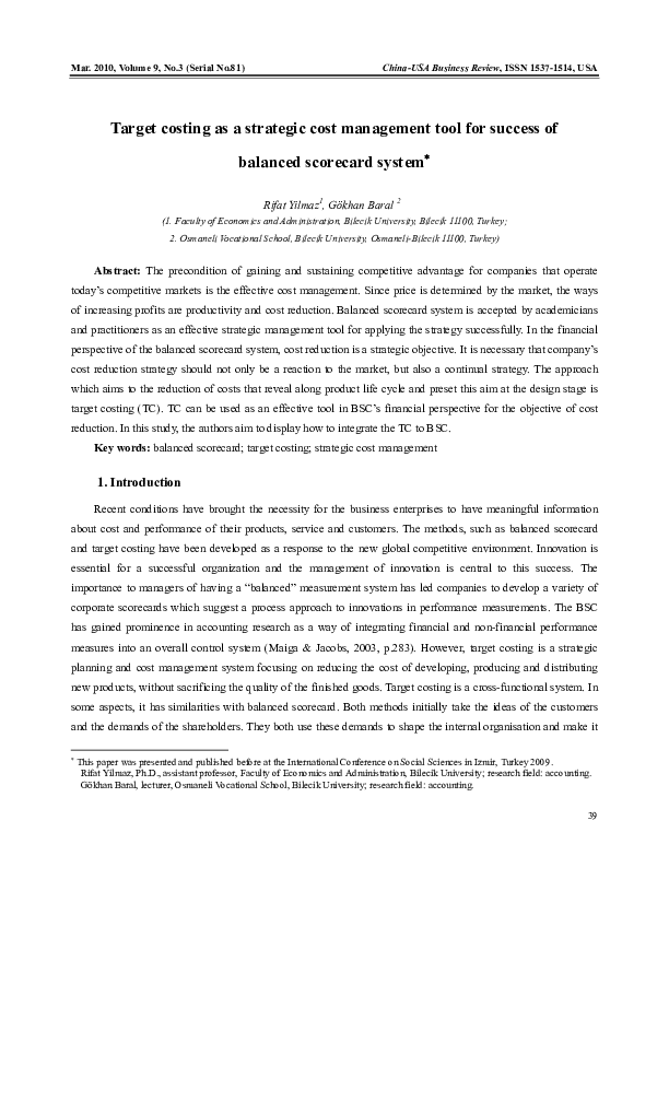 (PDF) Target costing as a strategic cost management tool for success of ...