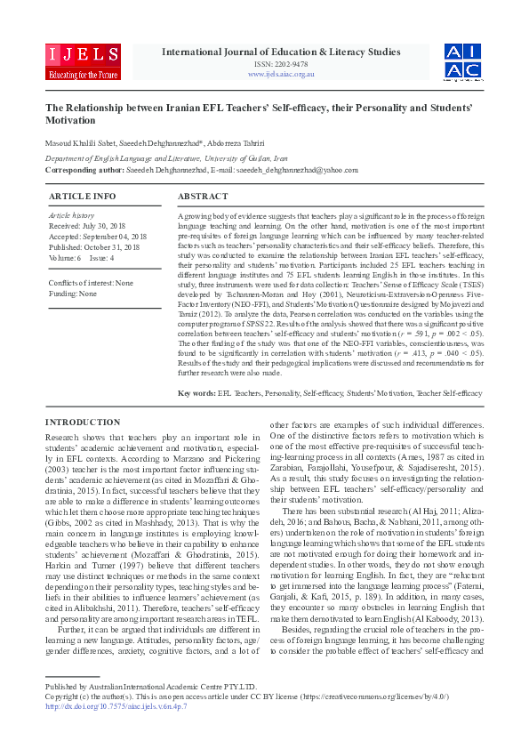(PDF) The Relationship between Iranian EFL Teachers’ Self-efficacy ...