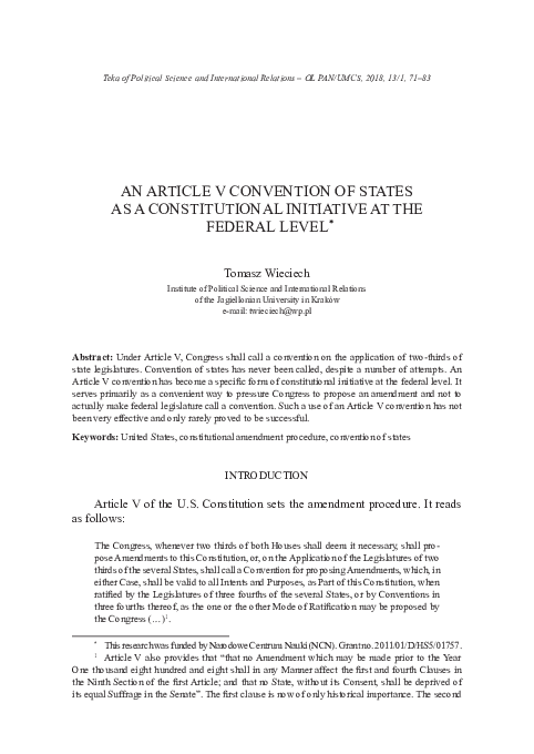 (PDF) An Article V Convention of States as a Constitutional Initiatiave ...