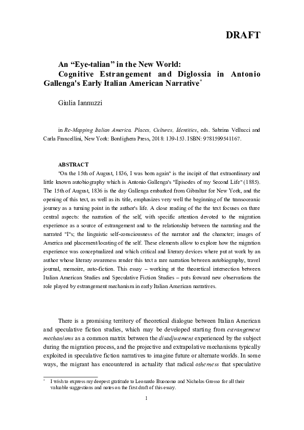 (PDF) An “Eyetalian” in the New World Cognitive Estrangement and