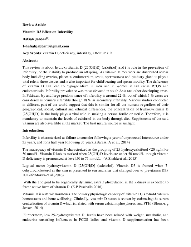 (DOC) Vitamin D3 Effect on Infertility hafsah jabbar Academia.edu
