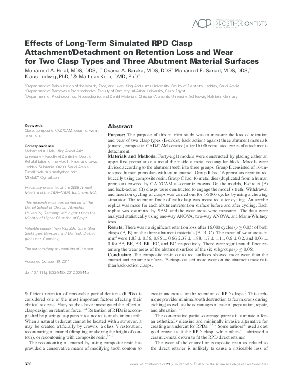 (PDF) Effects of Long-Term Simulated RPD Clasp Attachment/Detachment on ...