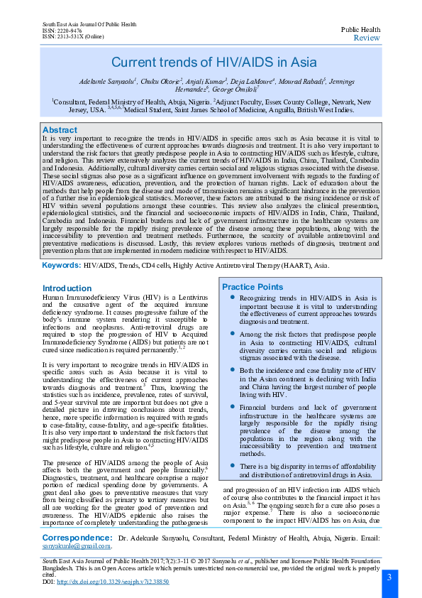 (PDF) Current trends of HIV/AIDS in Asia Kunle Sanyaolu Academia.edu