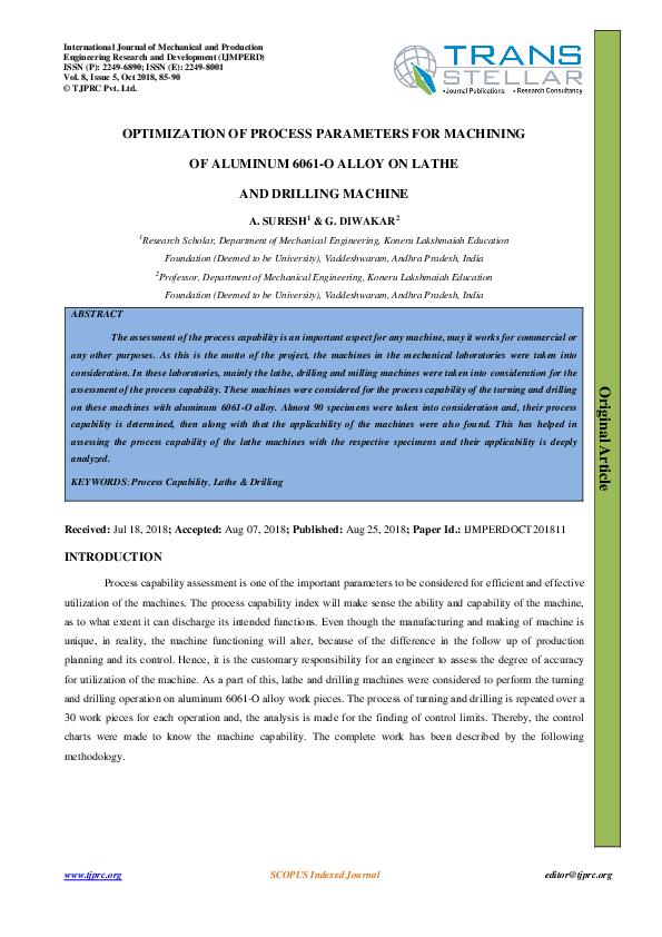 (PDF) OPTIMIZATION OF PROCESS PARAMETERS FOR MACHINING OF ALUMINUM 6061 ...