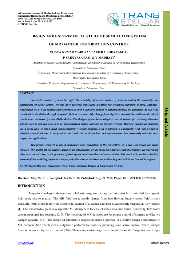 (PDF) DESIGN AND EXPERIMENTAL STUDY OF SEMI ACTIVE SYSTEM OF MR DAMPER ...