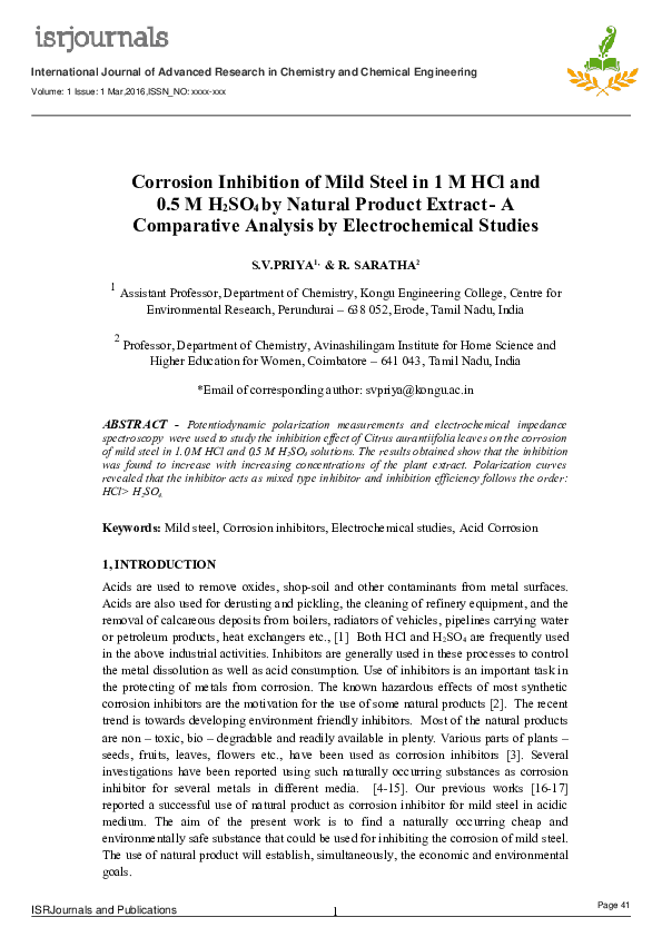 (PDF) Corrosion Inhibition of Mild Steel in 1 M HCl and 0.5 M H2SO4 by ...